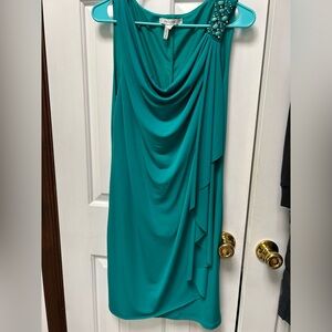 Max & Cleo Asymmetrical Teal Dress with Embellished Shoulder. Medium. Formal.